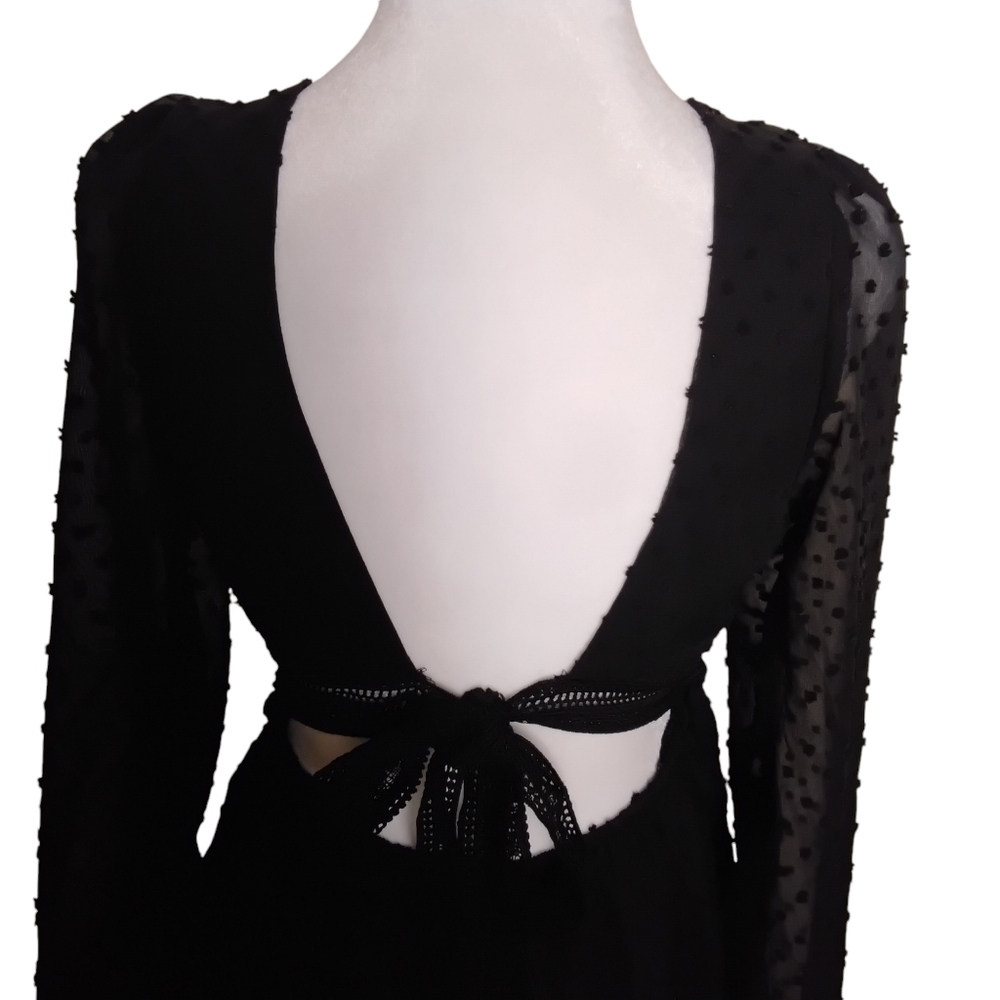 Shein Women's Black Scheer Deep V-Neck Long Sleeve Swiss Dot Tie Mini Dress L - Picture 4 of 9